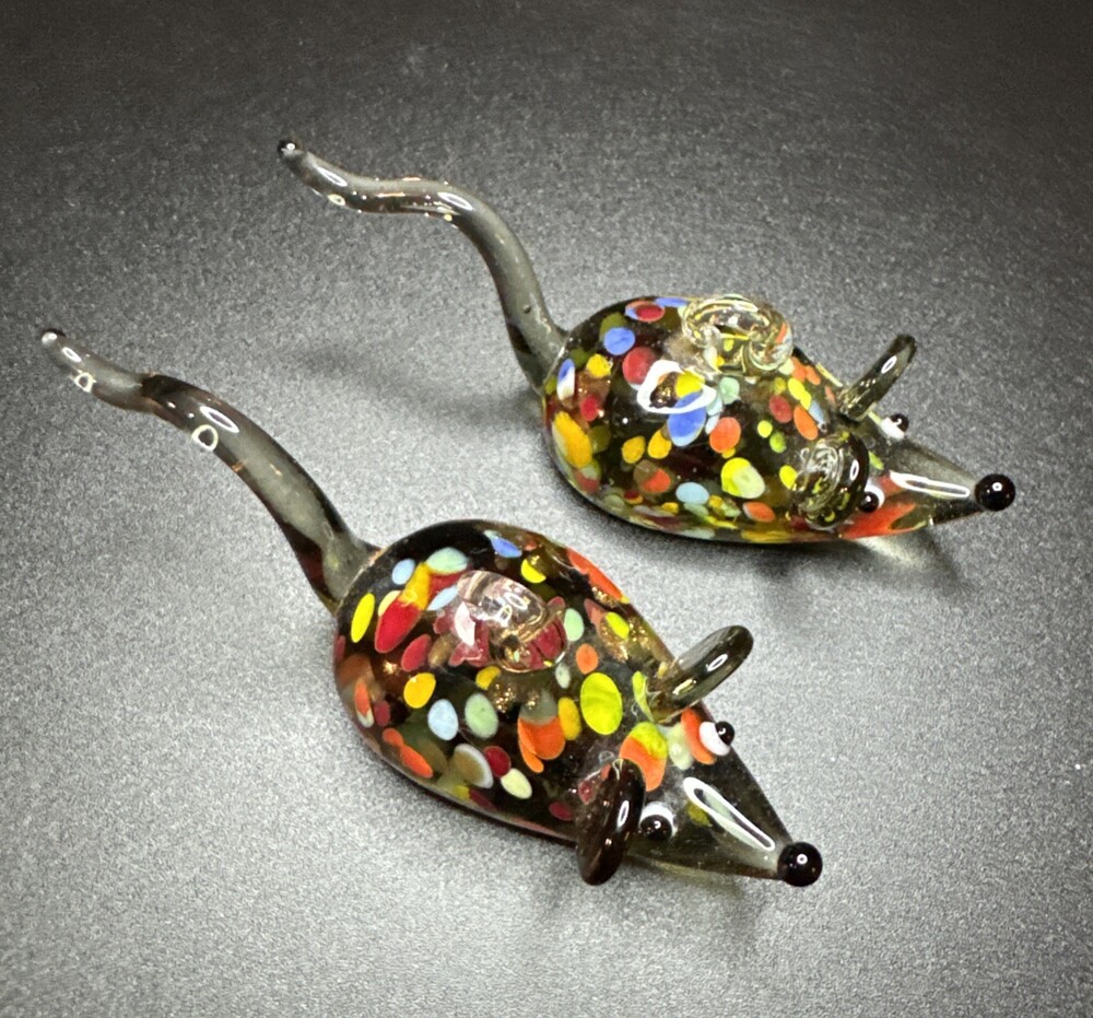 Vintage Hand BlownArt Glass Mouse Pair (2)  Figurine Ornament Gift Confetti Mice